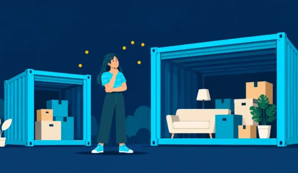 Illustration of a person comparing a 10ft storage container with boxes and a 20ft storage container with furniture
