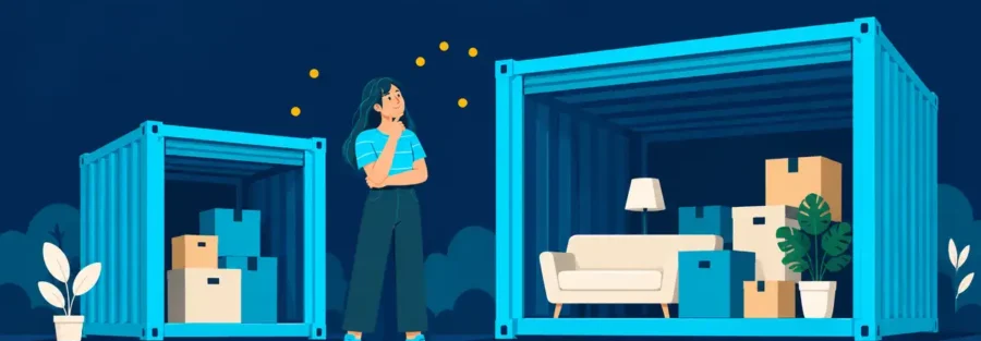 Illustration of a person comparing a 10ft storage container with boxes and a 20ft storage container with furniture