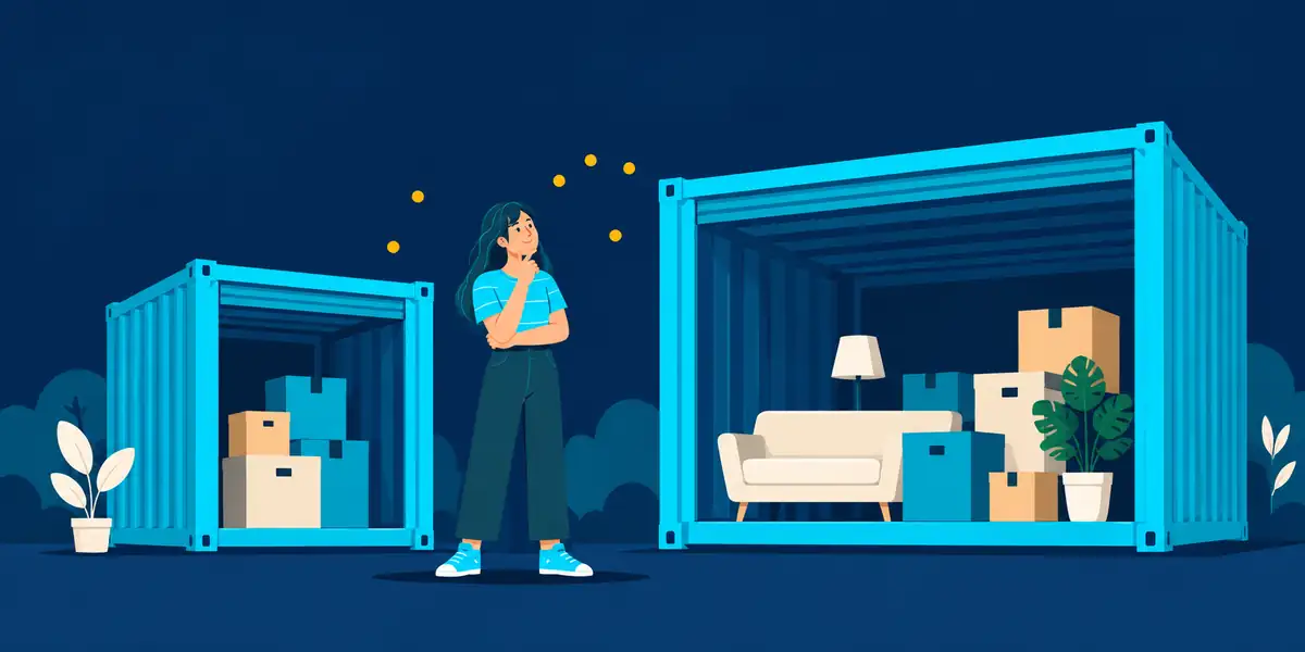 Illustration of a person comparing a 10ft storage container with boxes and a 20ft storage container with furniture